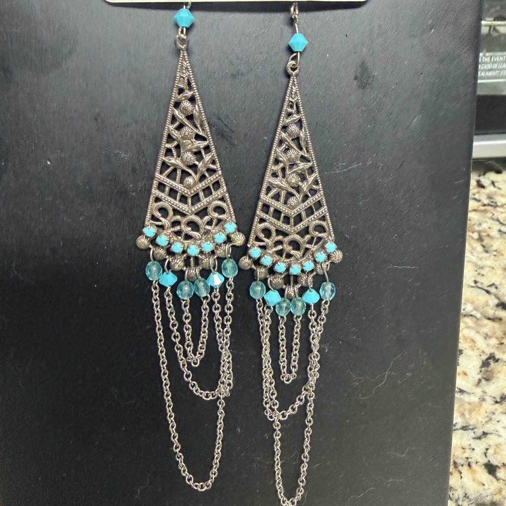 Turquoise Beaded Filigree Dangle Earrings - Women Jewelry